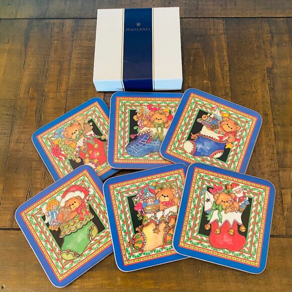 Pimpernel Coasters Holiday Christmas Bear in Stocking Set of 6 - Picture 2 of 5
